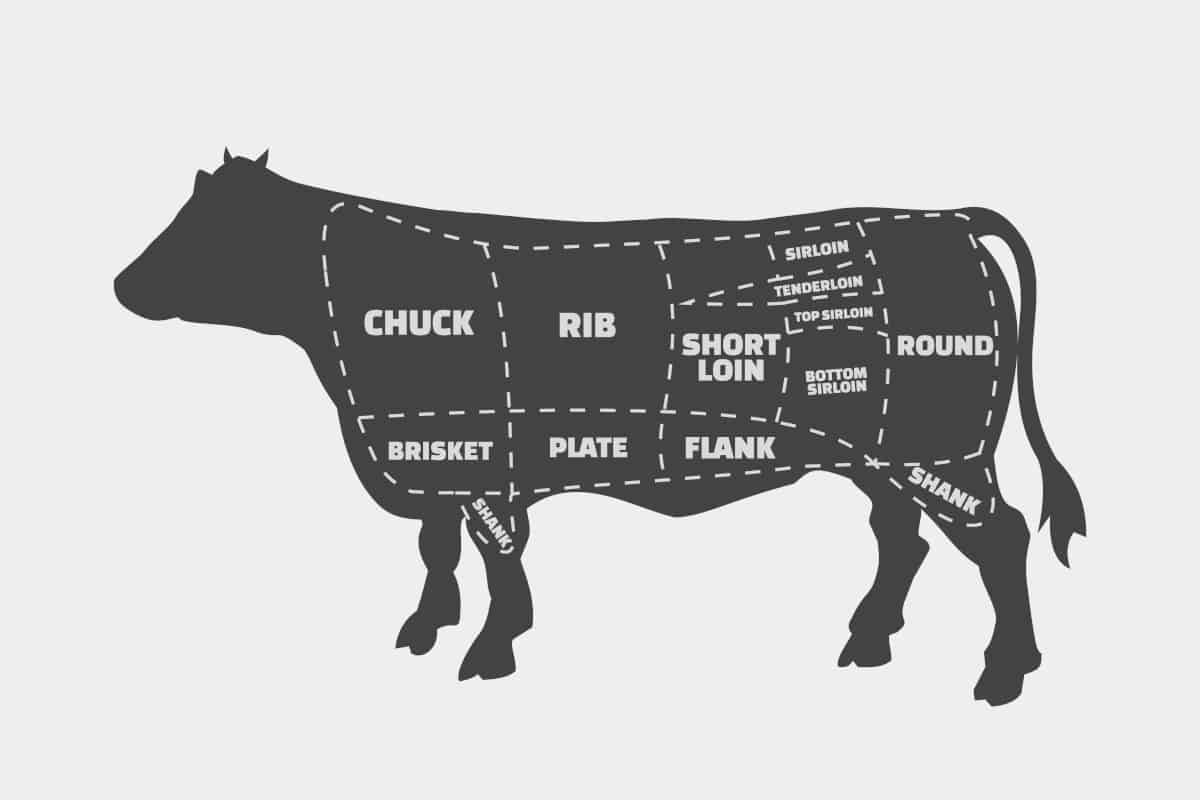 een illustratie van de acht runderprimals op een diagram van een koe