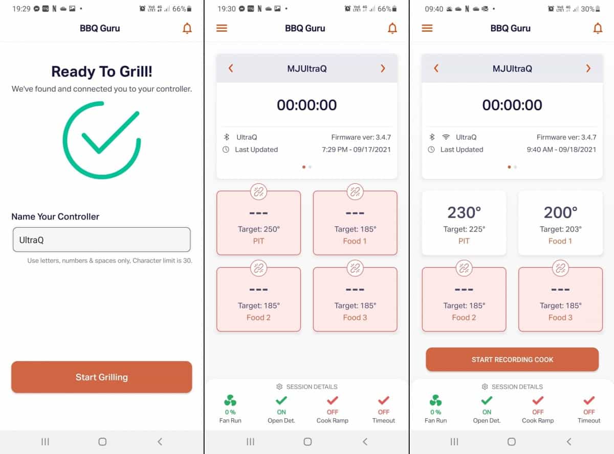 Three screenshots of the BBQ Guru smartphone app connected and showing temperatures and details of a cook