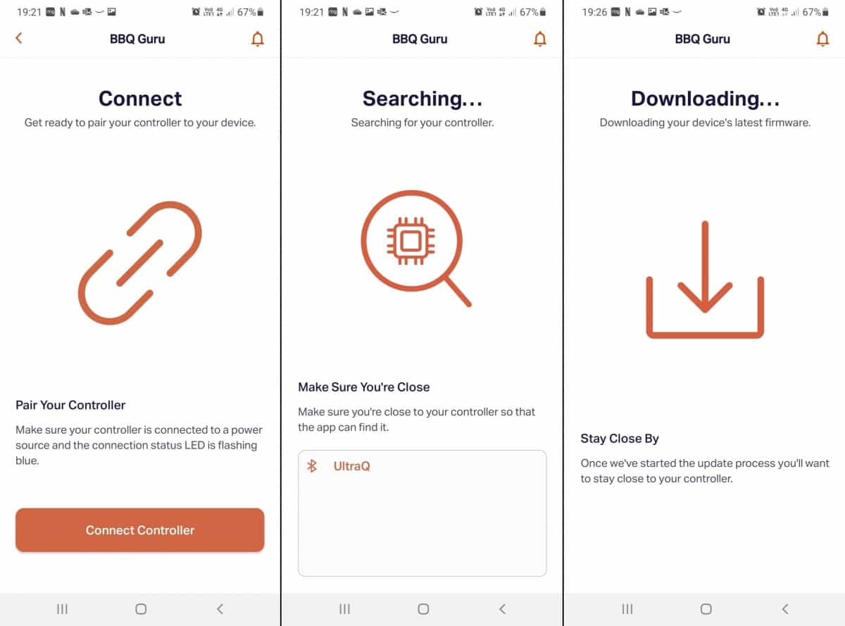 Three screenshots of the BBQ Guru smartphone app being connected and set.