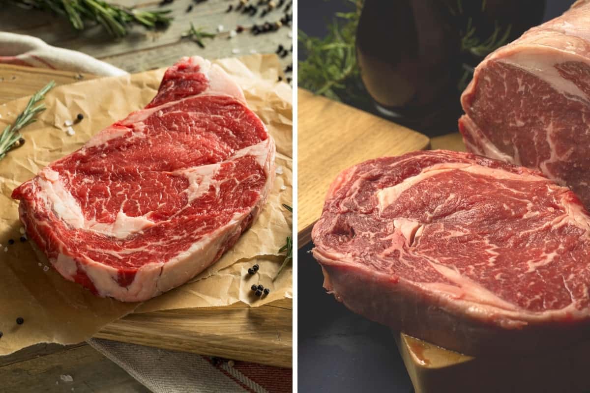 grass fed vs grain fed steaks in a photo each side by s.