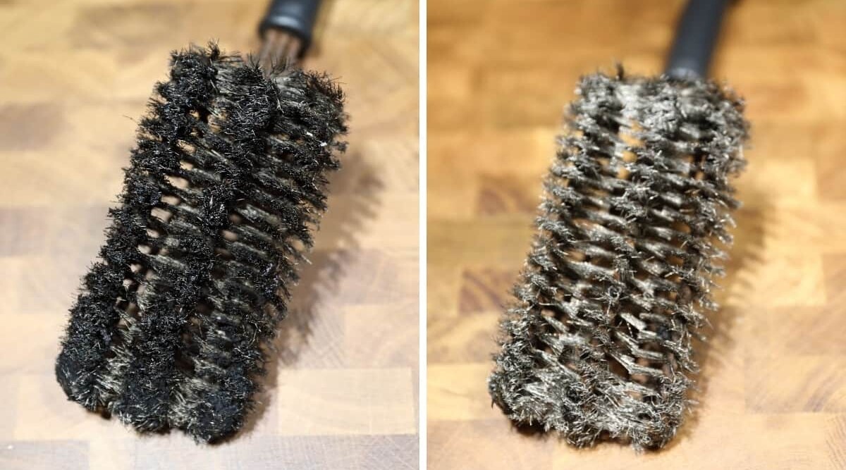 Before and after pictures of a grill brush that