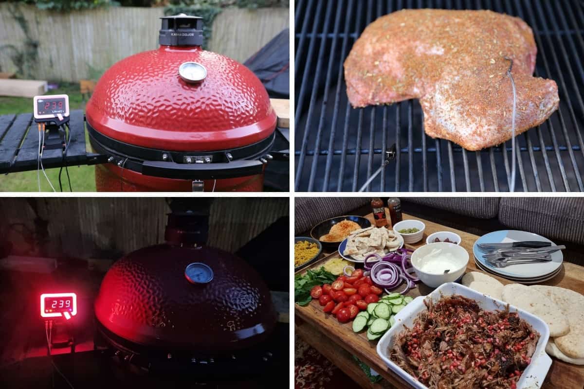 Four photos showing the BBQ Guru UltraQ connected to a Big Joe III to cook a lamb shoul.