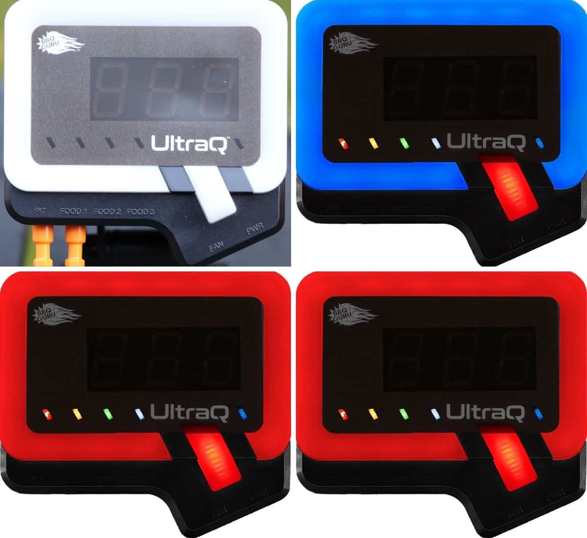 Four photos showing how the BBQ Guru UltraQ light ring changes throughout a c.