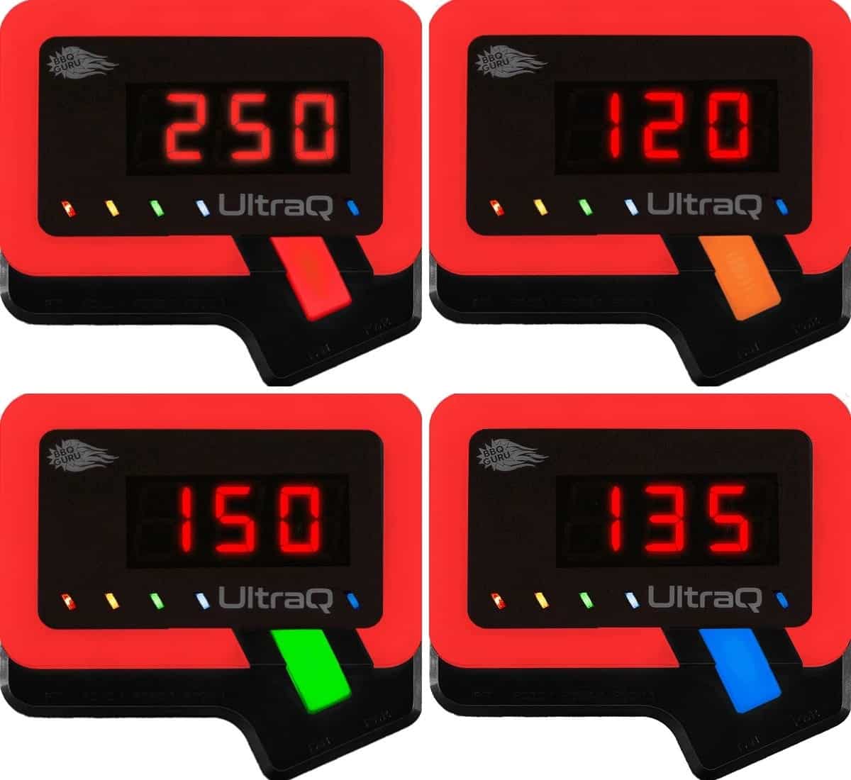 Four photos of the BBQ Guru UltraQ showing it sequencing through the different probe temperatu.