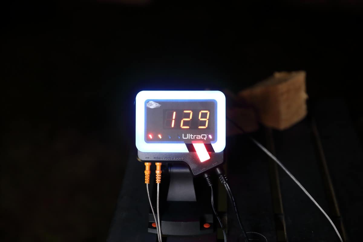 UltraQ controller at night, displaying 129 degrees Fahrenh.