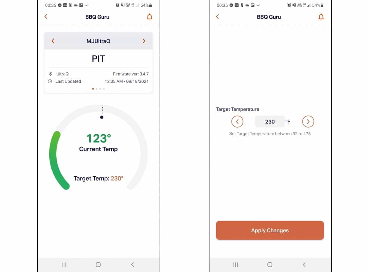 Two BBQ Guru smartphone app screenshots showing how to set a temp for pit or food pr.