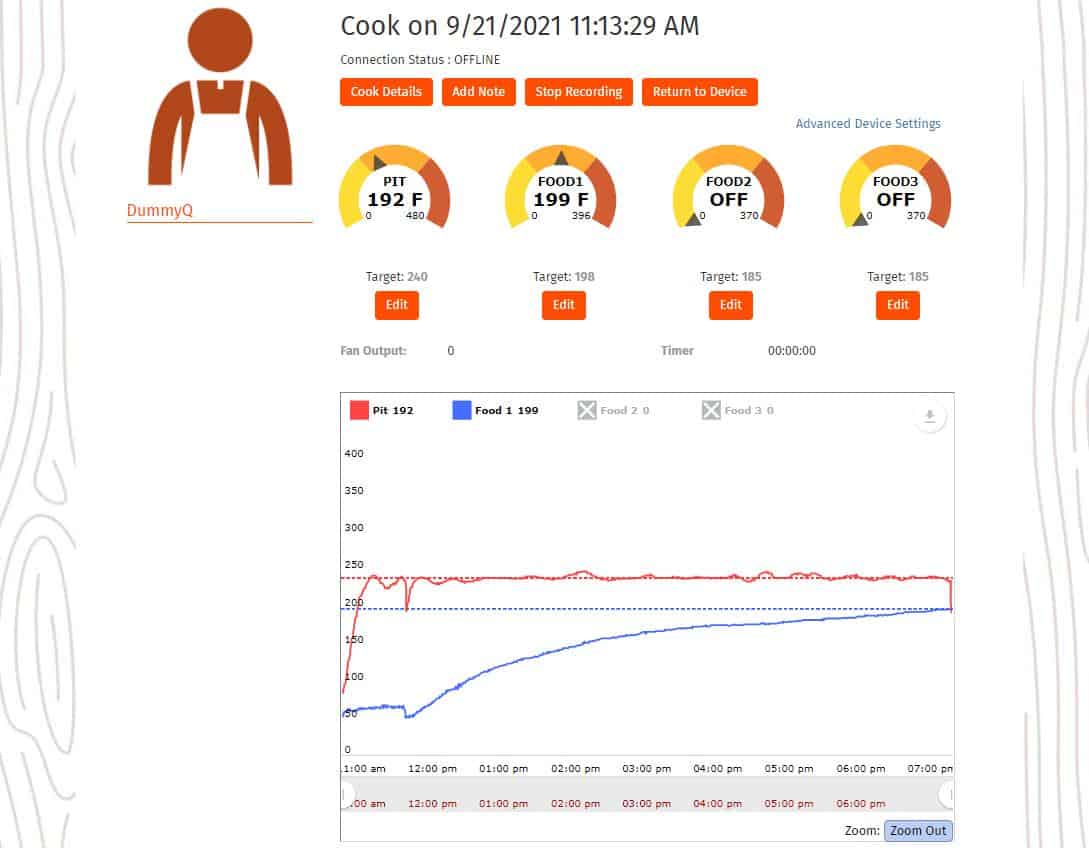 ShareMyCook cook details page with graph of temp changes over t.