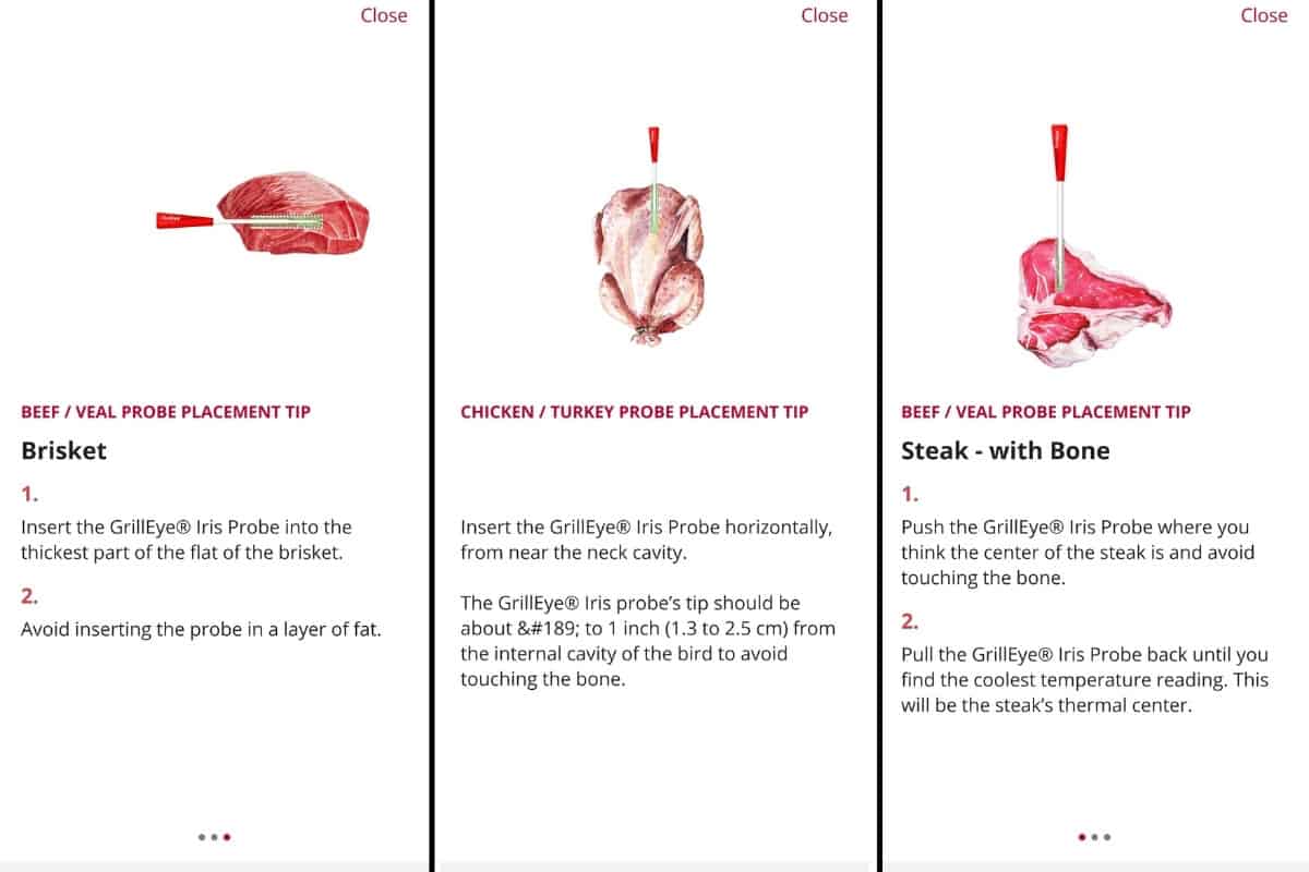Grilleye Hyperion app screenshots showing probe placement in brisket, whole chicken, and a bone in st.