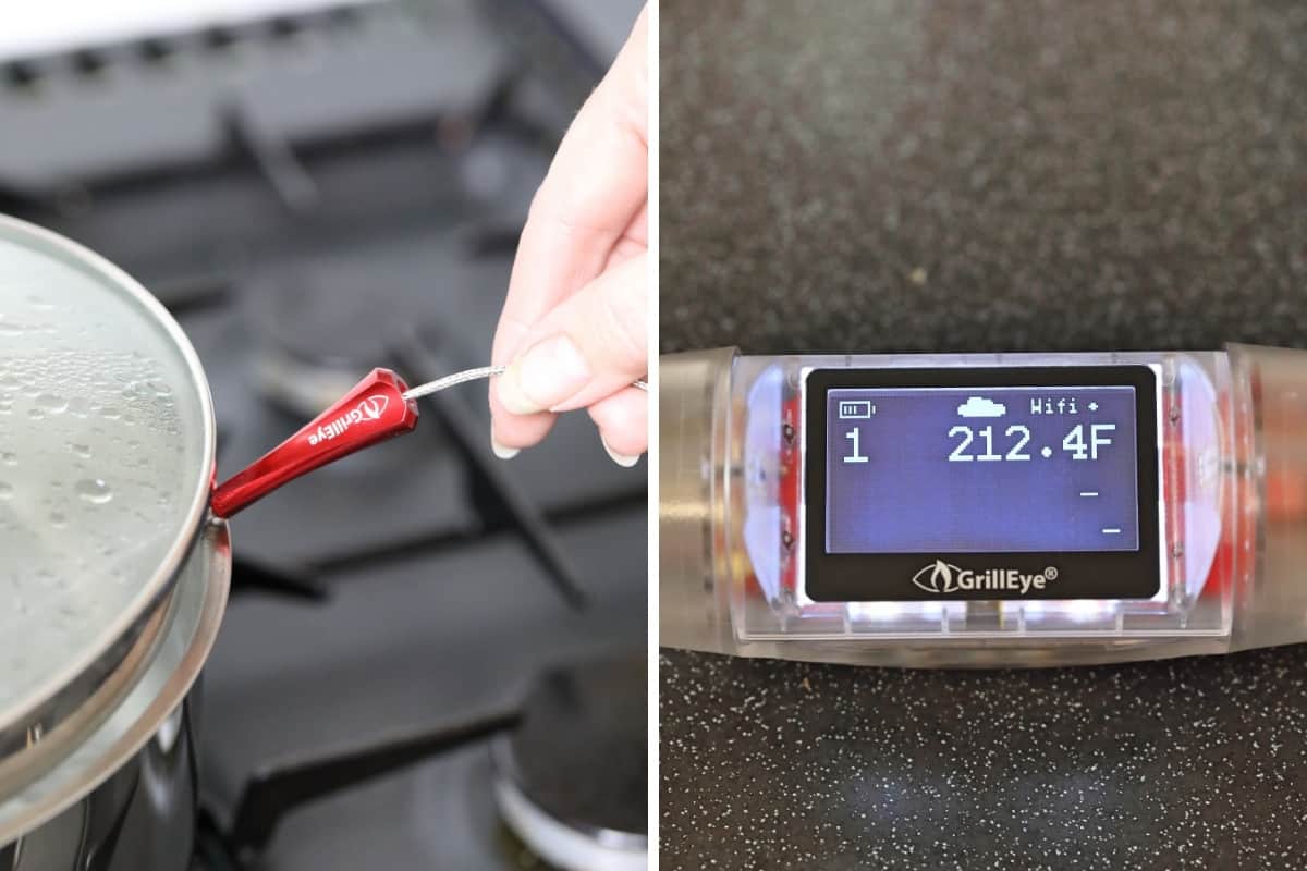 Grilleye max thermometer showing 212.4F degrees, with it's probe inserted into boiling water