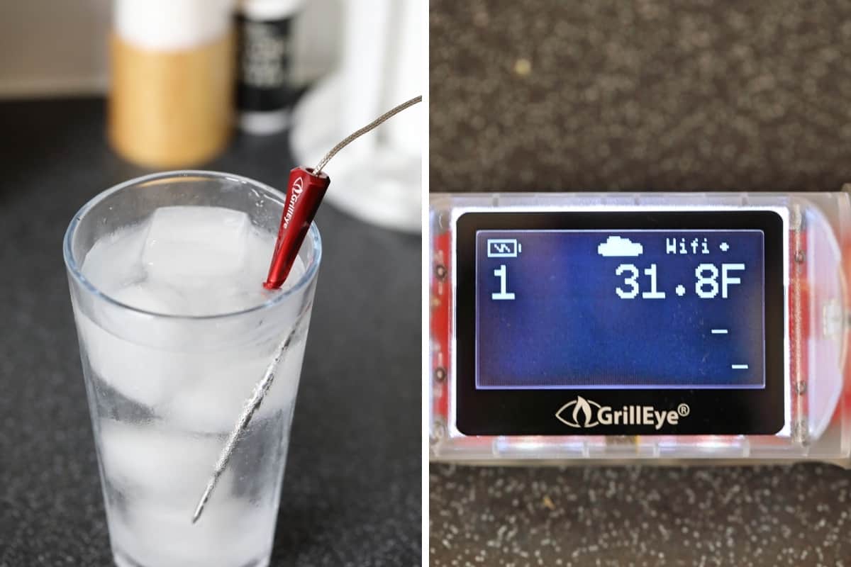 Grilleye max thermometer showing 31.8F, with it's probe inserted into a glass of iced wa.