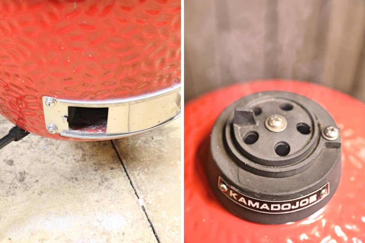 Two photos of Kamado Joe Jr. top and bottom vents, side by s.