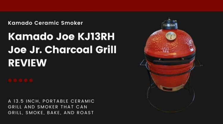 A Kamado Joe Jr grill and smoker isolated on black, next to words describing that this article is a review of this product