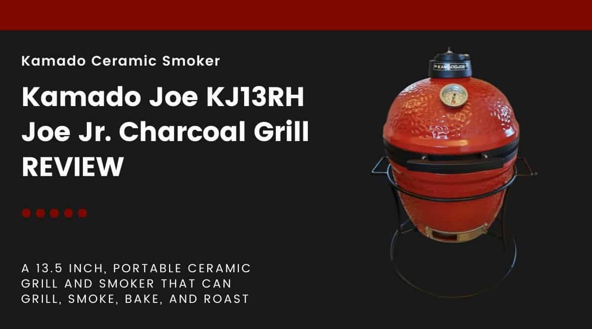 A Kamado Joe Jr grill and smoker isolated on black, next to words describing that this article is a review of this product.
