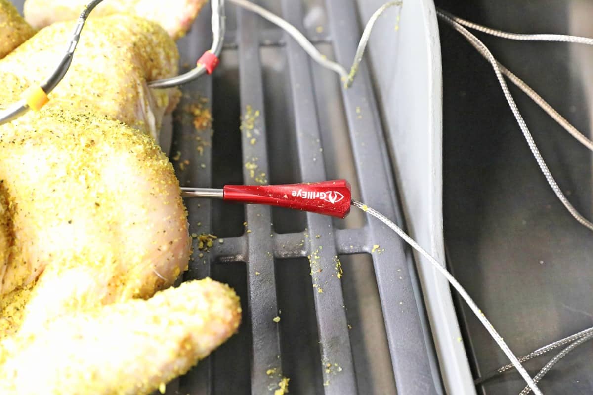 Grilleye Max Iris temperature probe inserted into a chicken on a gas grill.