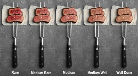Steaks cooked from rare to well done, on forks on a dark background