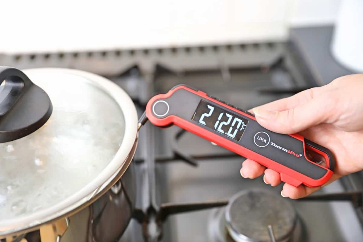 TP620 taking the measurement of boiling water in a saucepan on a hob, reading 212 F.
