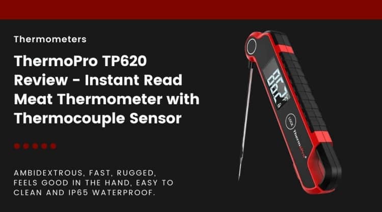 Thermopro TP620 review written beside one isolated on black, with text describing the product.