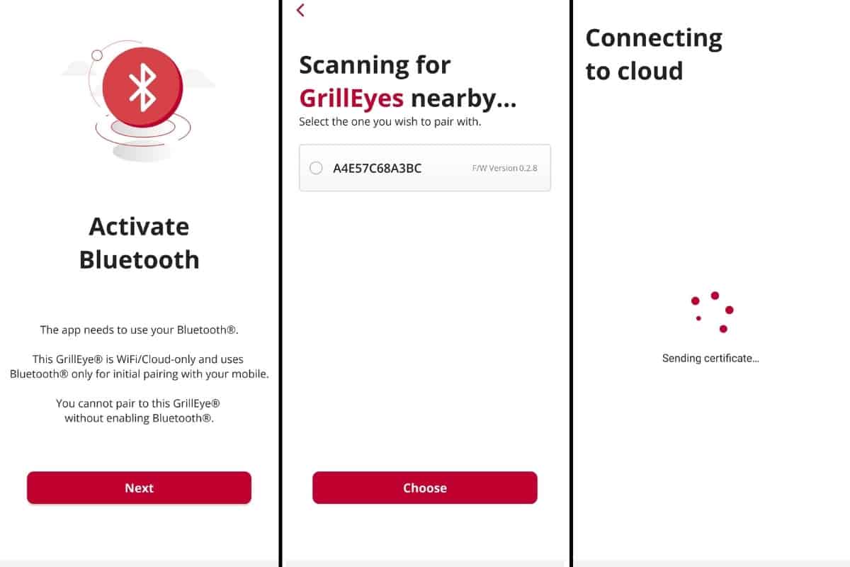 Screenshot sof connecting the Grilleye max thermometer to Bluetooth and Wi.