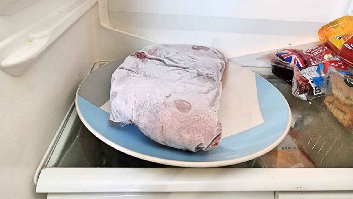 A steak on a plate, defrosting in the bottom level of a fridge