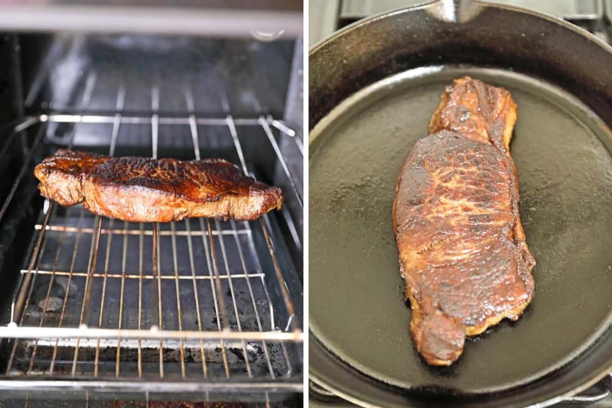 Two photos side by side, one of a steak in the oven, one of a steak in a cast iron pan