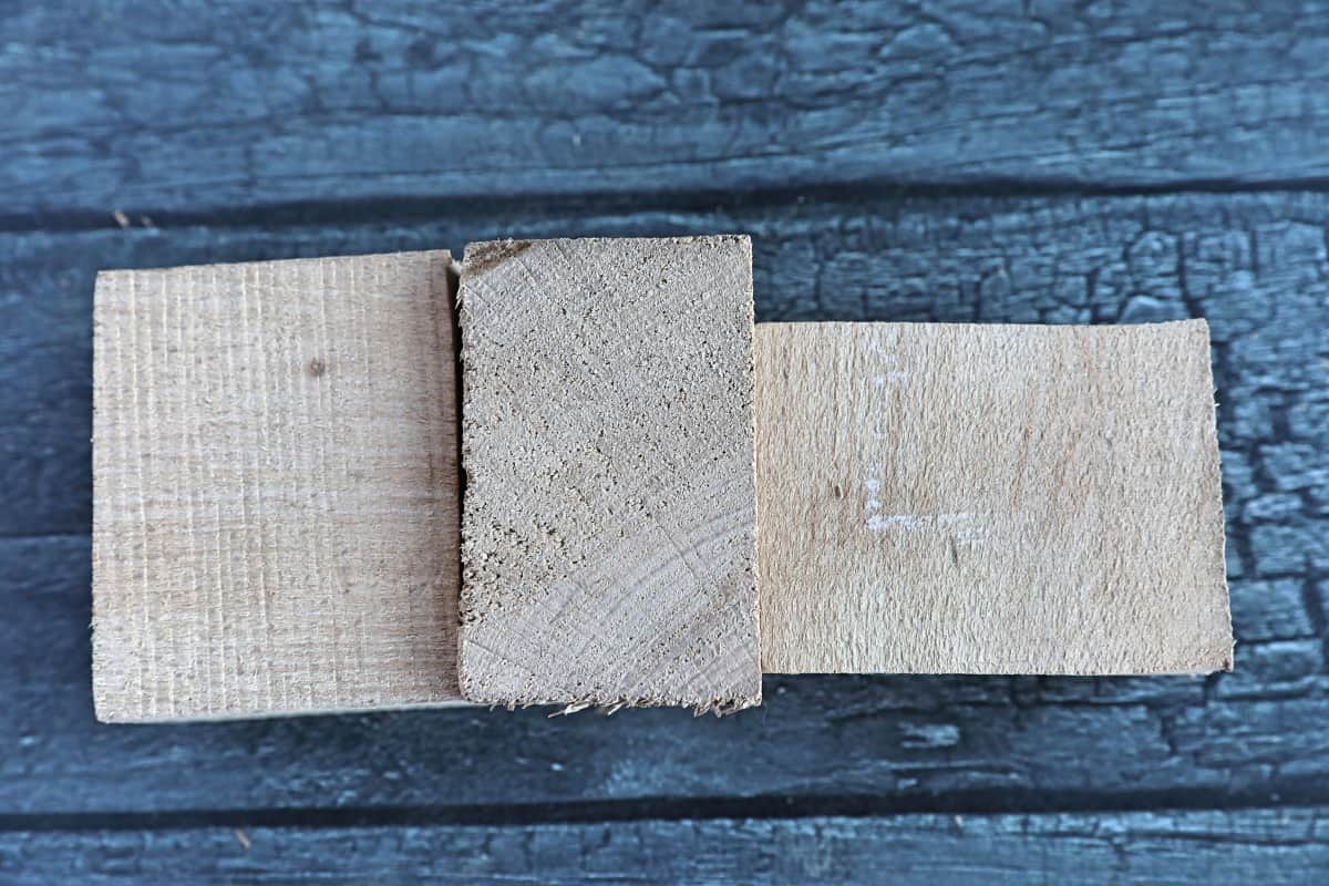 Three chunks of beech wood used to show the grain from different angles
