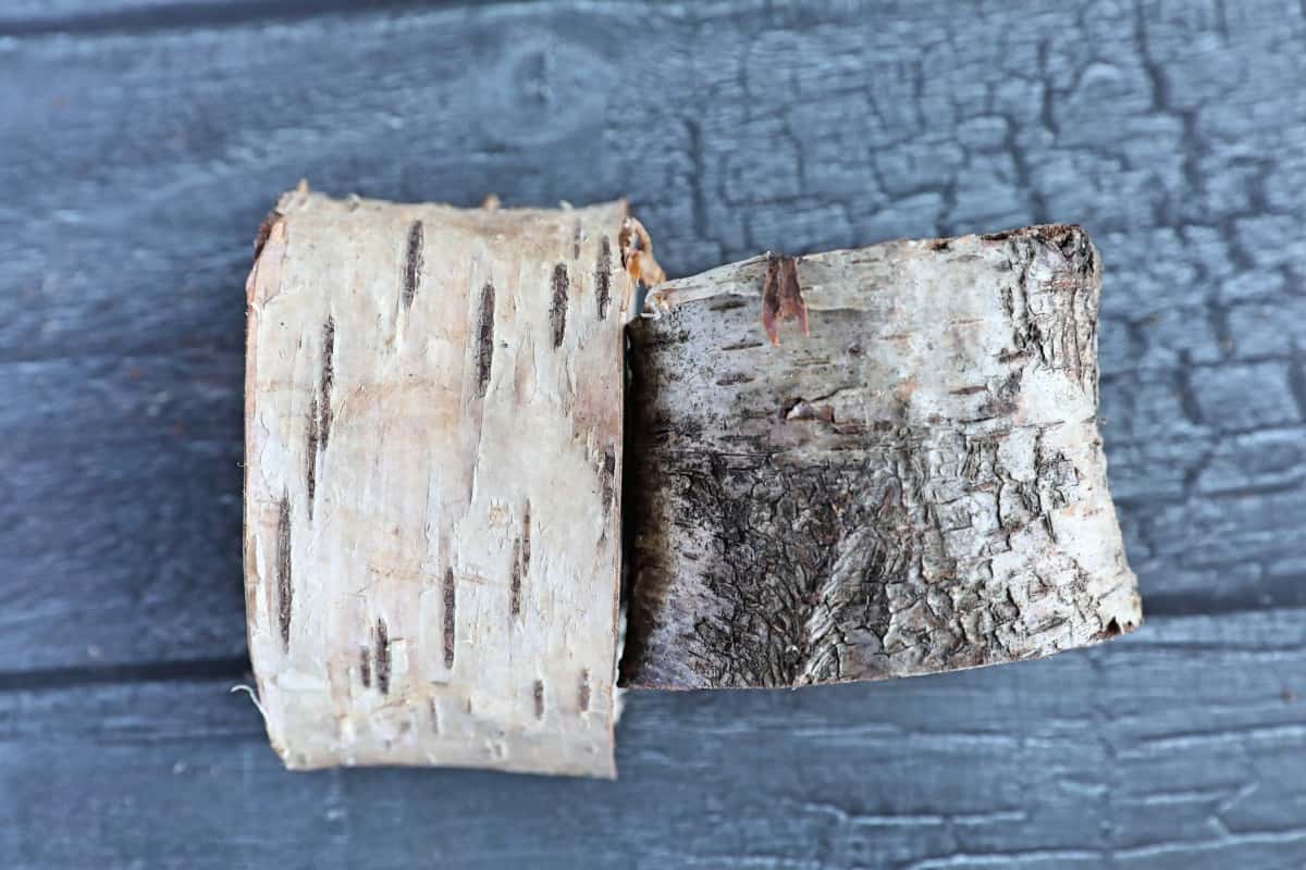 Two chunks of bark covered birch smoking chunks on a dark table.