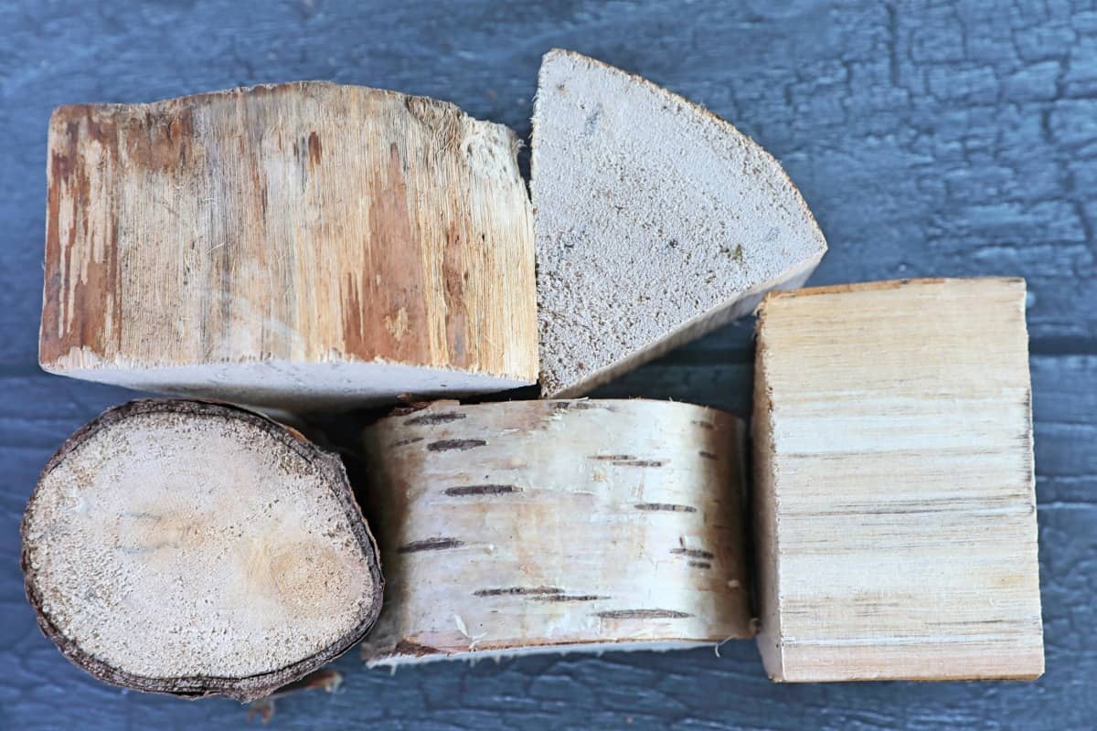 Five chunks of birch smoking wood, showing the bark and grain.