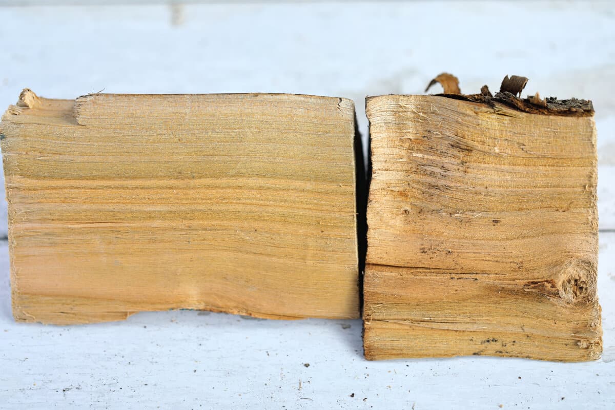 Two chunks of cherry smoking wood on a white table.