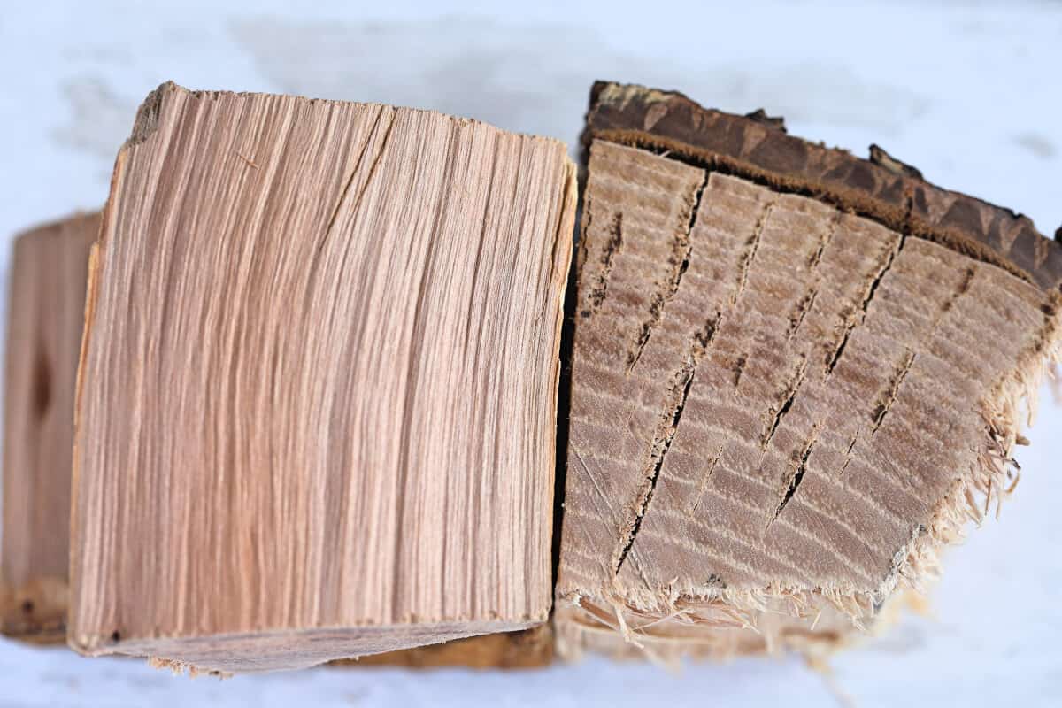 A close up of hickory wood chunks, showing us the grain of the wood in detail.