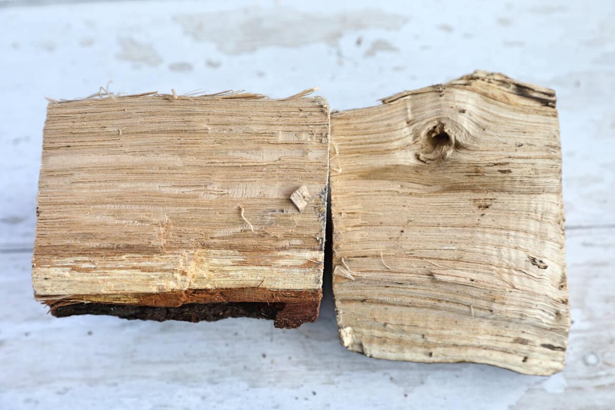 Close up of two oak wood chunks, showing us the grain in detail.