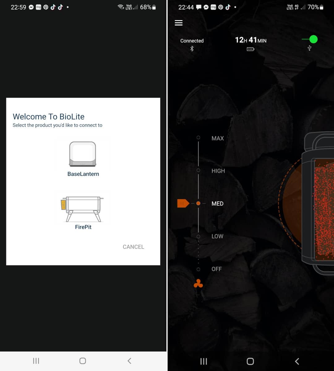 Two BiolIte app screenshots side by side, showing welcome screen, and speed setting with battery life remaining