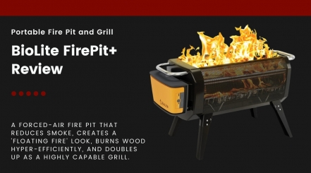Biolite Firepit+ Review written beside an image of the product isolated on black.