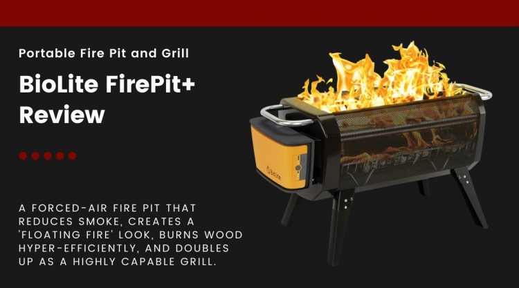 Biolite Firepit+ Review written beside an image of the product isolated on black