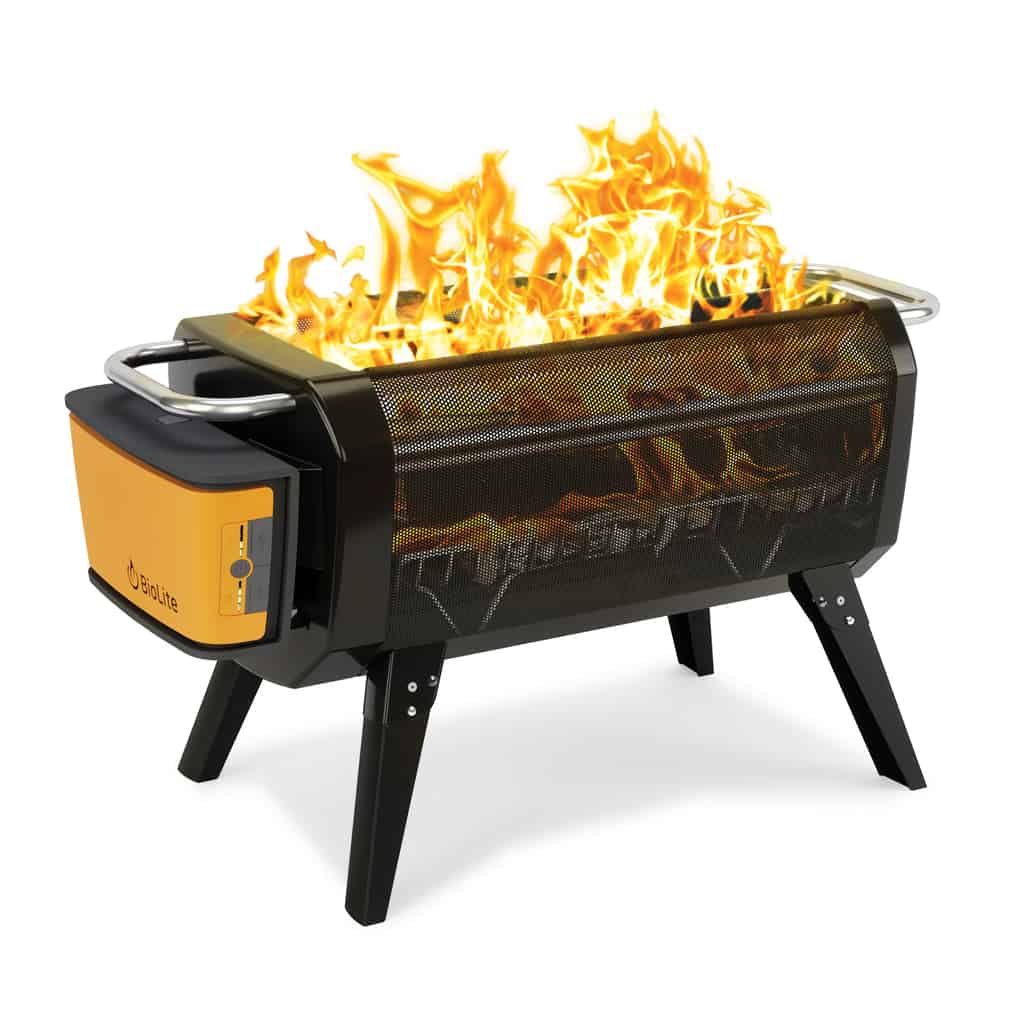 The biolite firepit plus, with animated fire inside, isolated on white.