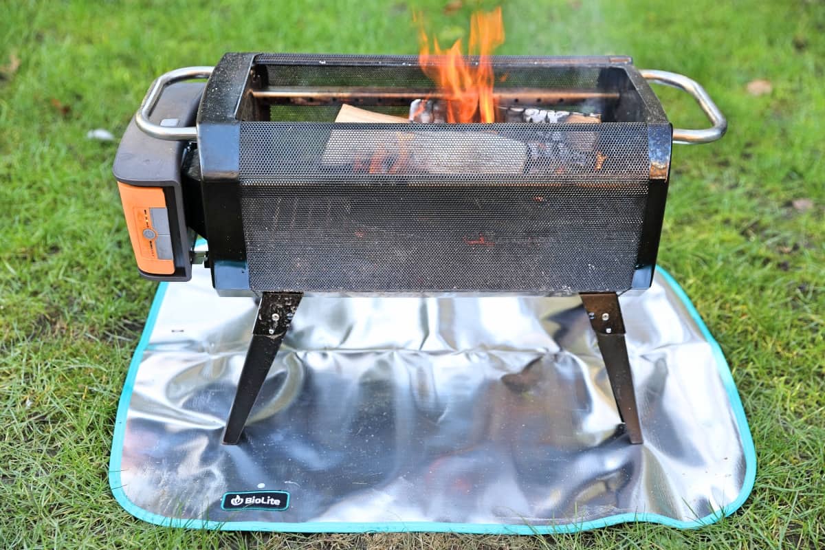 The Biolite Firepit+ stood on top of the firemat access.