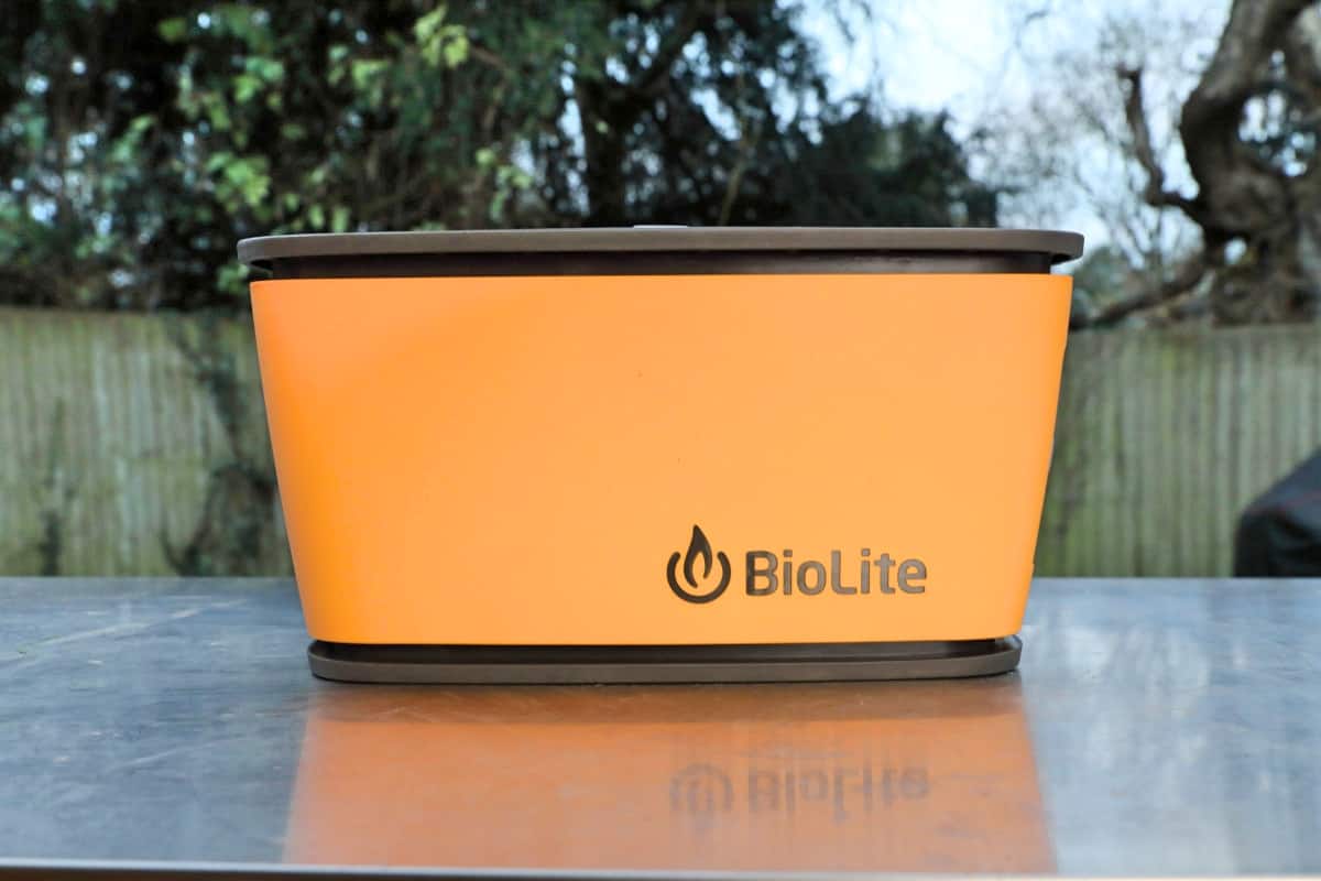Biolite firepit blower and battery pack on a stainless steel table