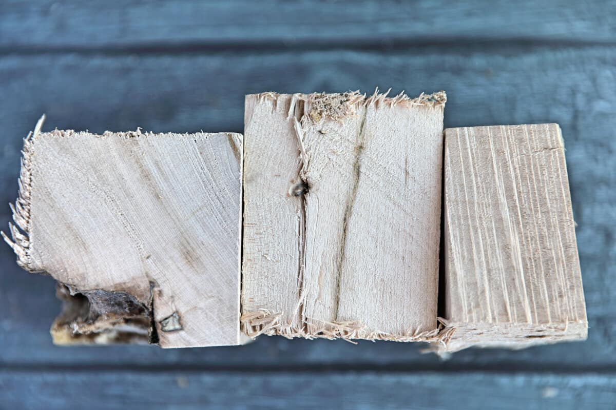 Three chunks of maple wood on a dark table, showing us the grain of the wood.