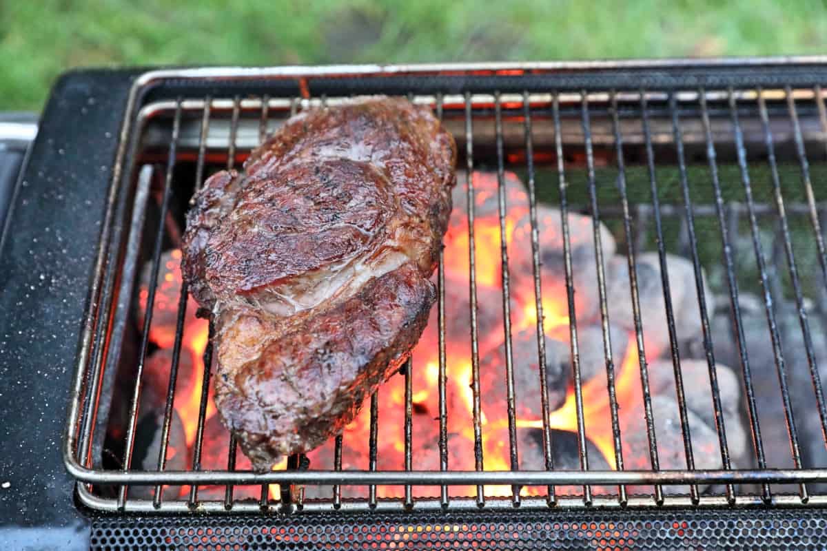 A single ribeye steak being seared on a BioLite firepit+, over briquettes charcoal.