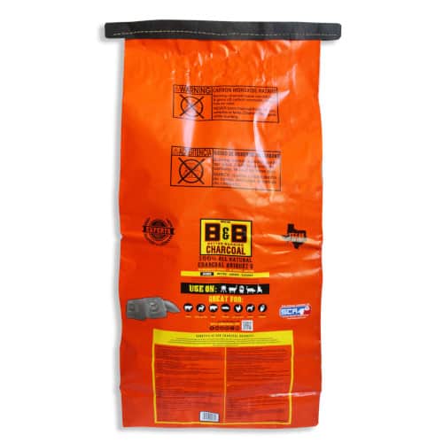 Rear view of bag of B&B charcoal briquettes isolated on white