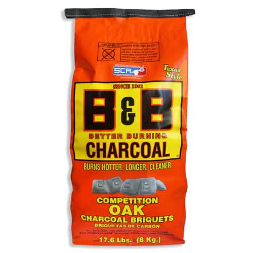 bag of B&B charcoal briquettes isolated on white