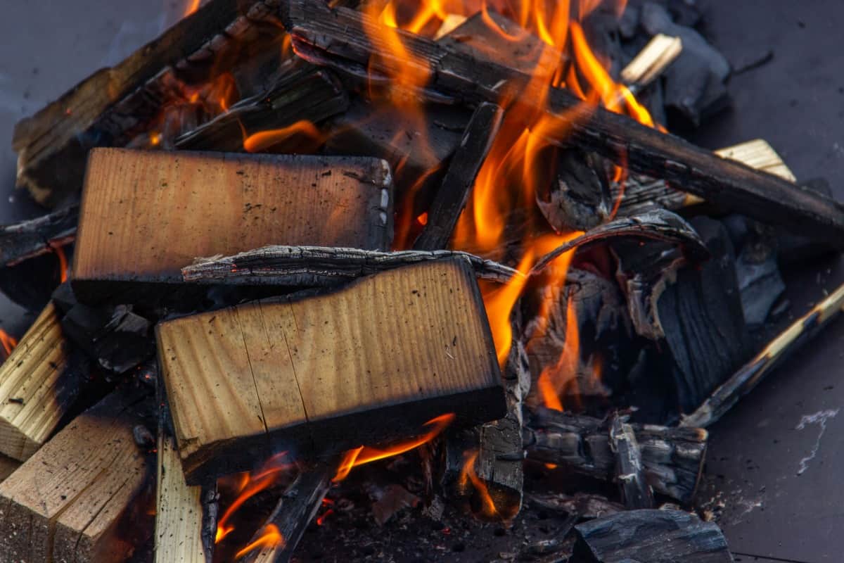 Close up of a pile of wood burning in a metal b.