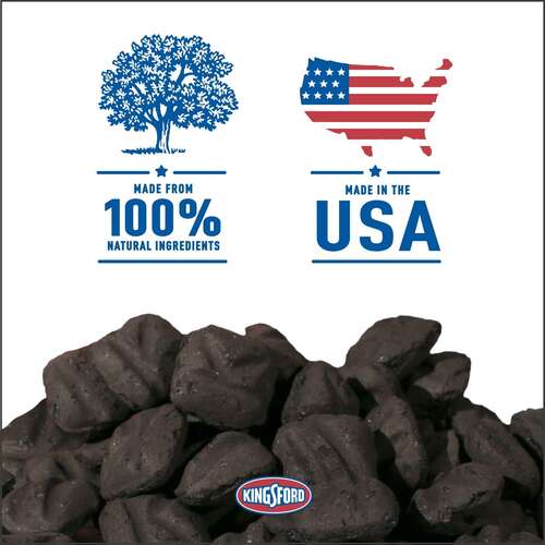 Pile of Kingsford original briquettes isolated on white, with text saying made in the USA and 100% natural.