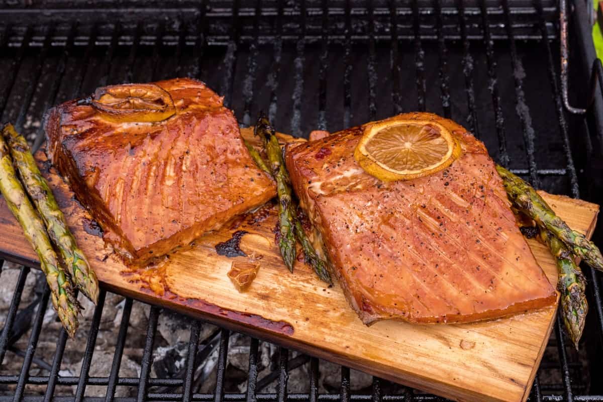 Cedar wood plank in a grill with two salmon fillets on top