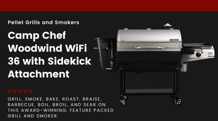 A Camp Chef Woodwind WiFi 36 isolate don black, next to text that explains this article is a review.