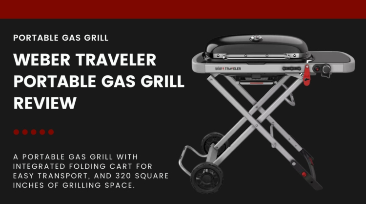 A weber Traveler portable gas grill isolated on black, next to text describing this article is a review.