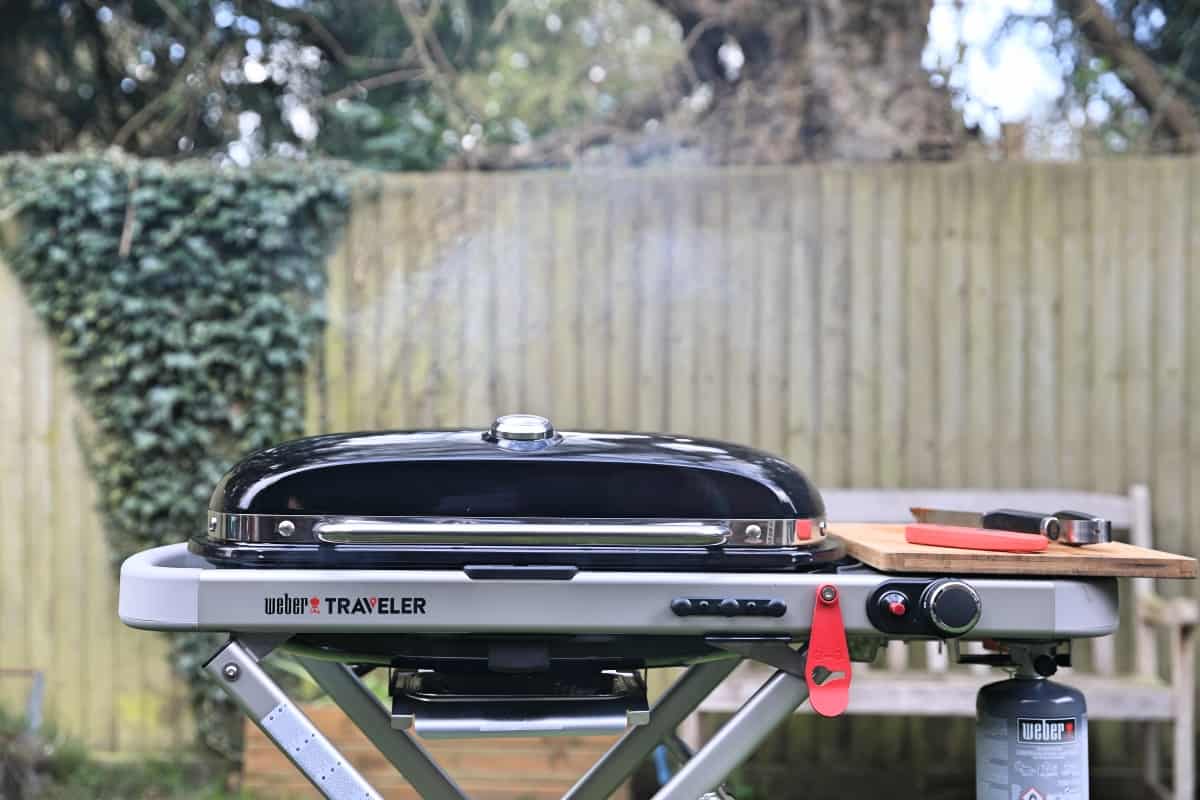 Photo showing how little space there is with the small Weber Traveler .