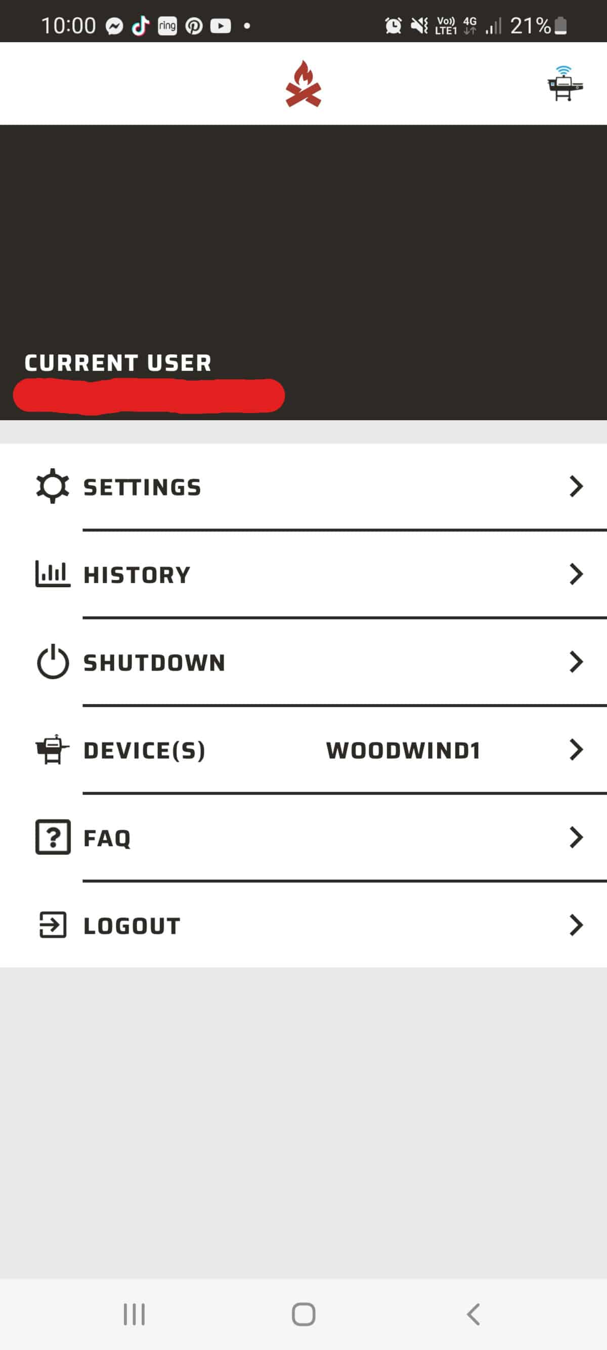 Camp Chef grill controlling smartphone app screenshot showing the main options screen