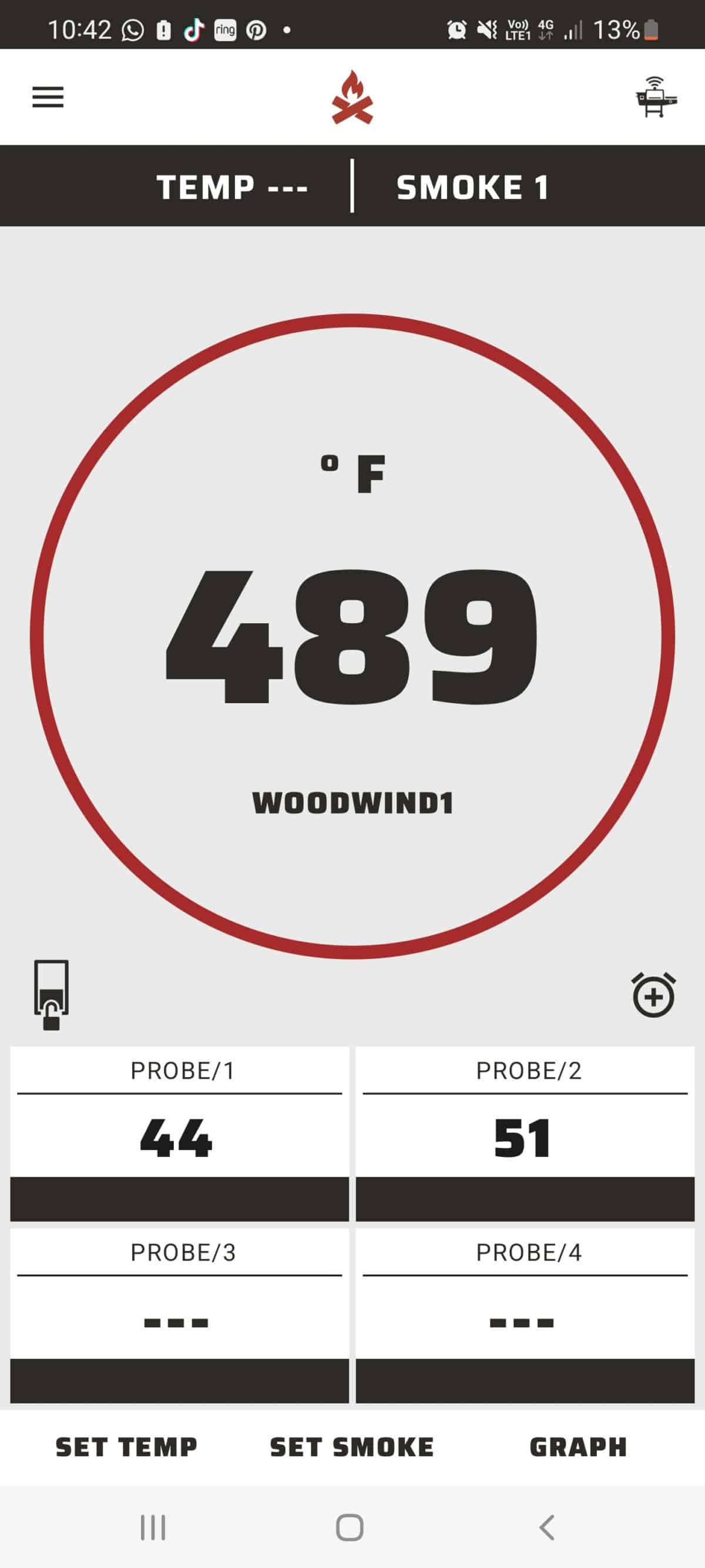 Camp Chef grill controlling smartphone app screenshot showing the temperature screen of a Woodwind Wi-Fi 36 grill.