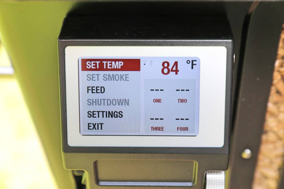 The Camp Chef Woodwind color LCD display showing temperature settings.