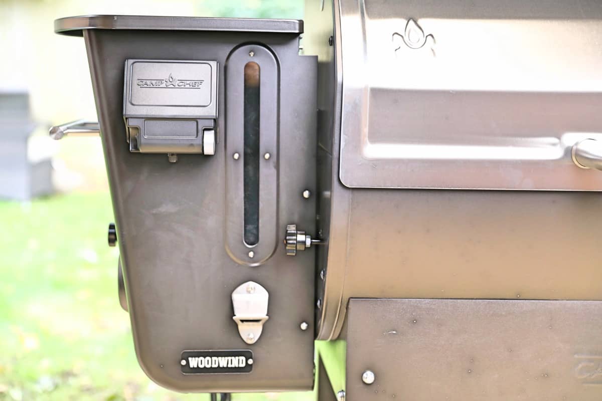 Close up of Camp Chef Woodwind Wi-Fi 36 pellet hopper